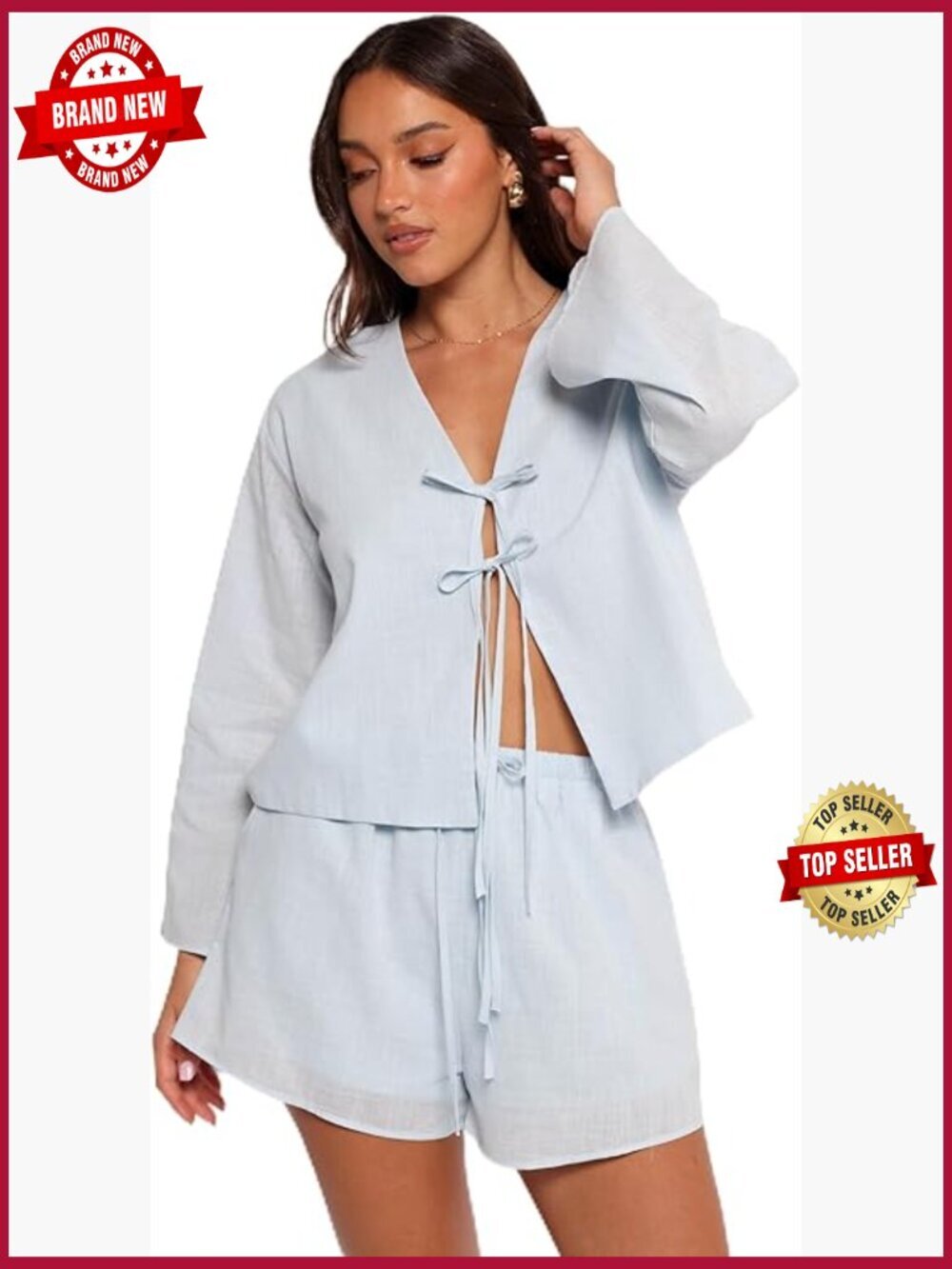 Women's Short Set with Open Front Top and Elastic Waist Shorts